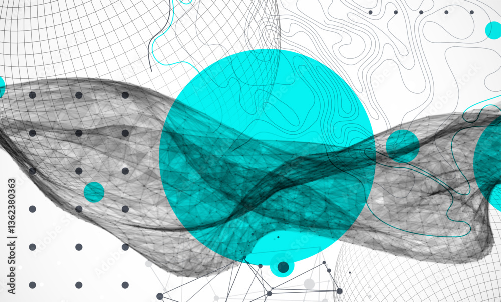 Fototapete Science fiction background. Abstract image of wireframe wave and sphere with plexus effect.