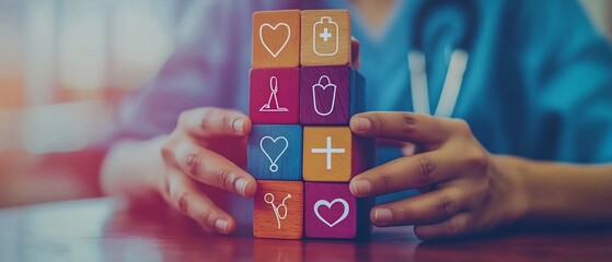 Healthcare worker holding colorful blocks with medical symbols