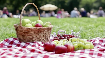 Picnic basket on blanket; apples, grapes. People enjoy the summer day at park. Stock image