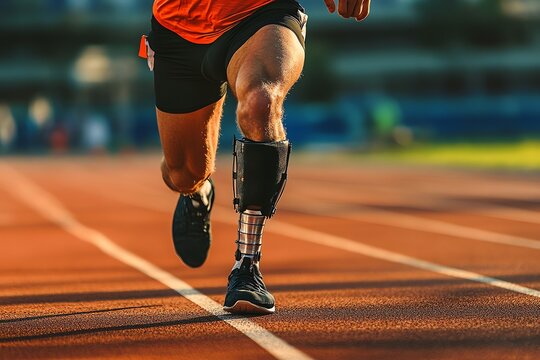 Man Running with Prosthetic Leg on Track Represents Sports and Abilities