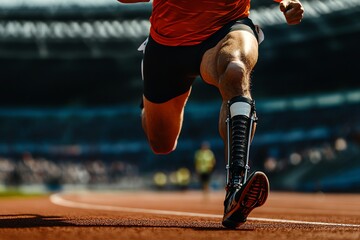 Adaptive Athlete Running on Track with Prosthetic Leg in Competition