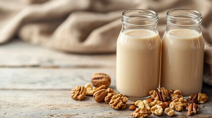 Homemade plant based milk glass bottles with nuts beside them