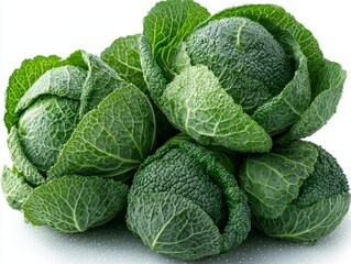 Fototapeta premium Freshly Harvested Savoy Cabbage Display: A Vibrant Green Vegetable Collection with Intricate Textures and Delicate Water Droplets on a Clean White Background