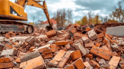 Fototapeta premium Construction debris scattered on a job site under cloudy skies with machinery in the background