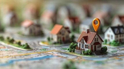 Finding Home: Miniature houses rest on a map, pinpointing a location with an orange marker.