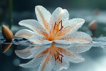 Fototapeta premium White Lily with Orange Accents Floating on Calm Water