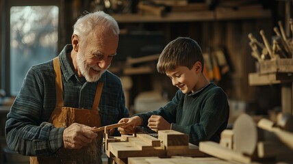 Photorealistic image of an elderly man enthusiastically teaching a young boy woodworking in a sunlit workshop
