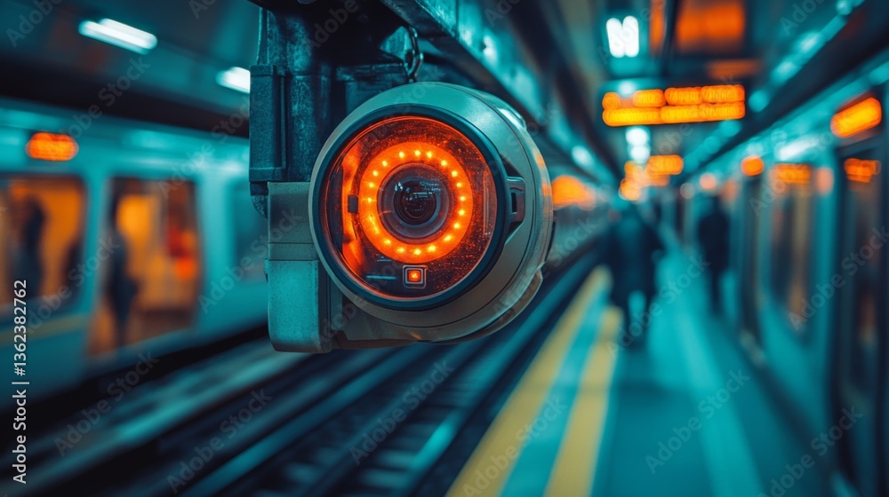 Poster A round surveillance camera with glowing lights is mounted at a subway station, providing security and monitoring as passengers navigate the platform during a busy commute.