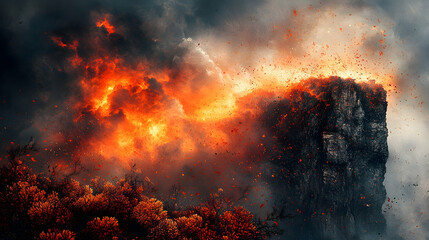 Fototapeta premium A massive fire blazes engulfing the edge of a rocky cliff Glowing embers float through the air amidst the smoky atmos