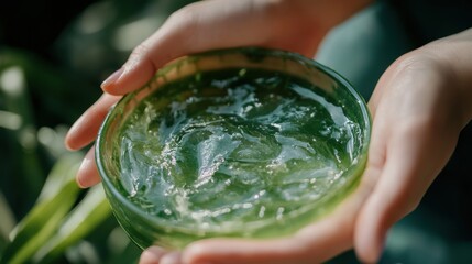 Obraz premium Close-up of hands applying aloe vera gel as a remedy for dry skin.