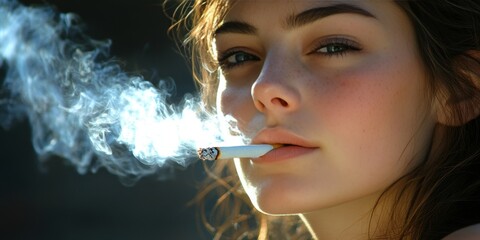 Fototapeta premium Close Up, Portrait of a Beautiful Young Woman Smoking a Cigarette, Exhaling Smoke, Studio Portrait