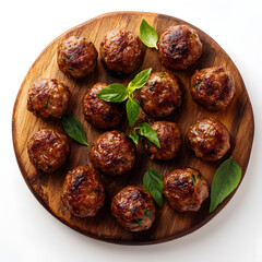 Meatballs with tomatoes, Meatballs on a wooden board, Savory appetizer, Marinara dipping sauce, Rustic presentation, Round shape, Grilled texture, Herb garnish, Food photography, warm tones