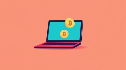 Digital Laptop with Bitcoin Icons Floating Above on a Vibrant Orange Background Illustrating Cryptocurrency Concept and Modern Technology