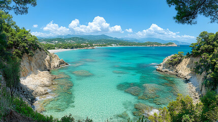 Obraz premium A picturesque beach scene with rocky cliffs turquoise water and lush vegetation under a bright sky with fluffy clouds