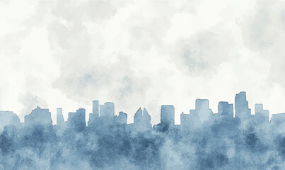 Fototapeta premium beautiful watercolor scene of a city skyline at twilight, with the sky transitioning from day to night in a blend of soft colors, building city watercolor 
