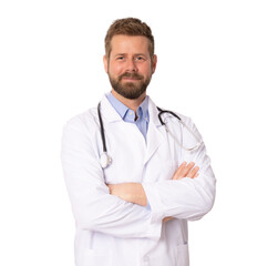 Young smiling beard doctor man standing with arms folded isolated over transparent background. PNG...