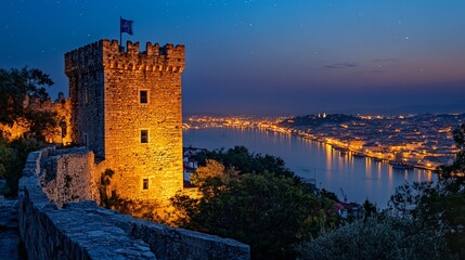 Illuminated stone tower overlooking a city at twilight, reflecting on calm water