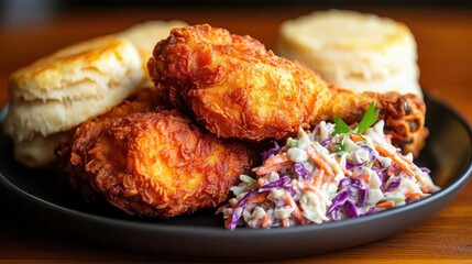 Delicious fried chicken served with coleslaw and biscuits on a wooden table.