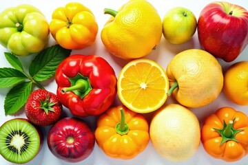 Assortment of organic fruits and vegetables on white, healthy, food photography