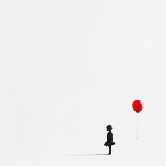 A minimalist and elegant visual with a pure white background. A child, placed in the bottom-left corner, holds a delicate balloon