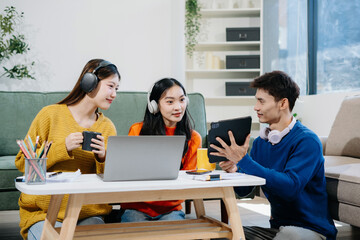Lifestyle people, team creative thinking sitting in the sofa. with laptop and documents on desk, small business owner working online.