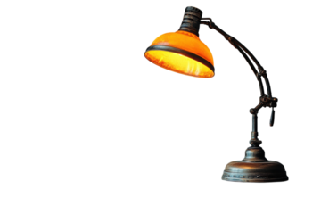 A warm inviting glow emanates from an antique desk lamp casting light in the dark with its steampunk design and focused directional lighting style.