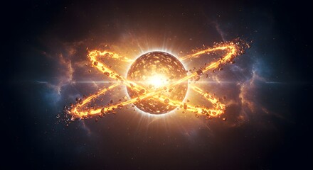 Obraz premium Glowing Cosmic Sphere with Fiery Asteroid Rings in Deep Space