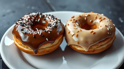 Two Fresh Donuts with Chocolate and Caramel Icing on Plate