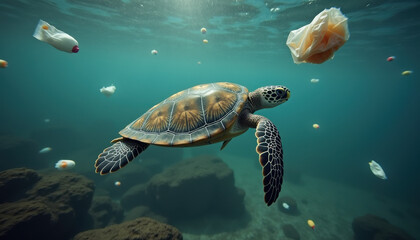Obraz premium Sea turtle swimming through plastic waste underwater