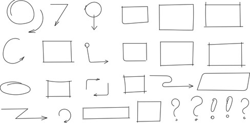 Obraz premium Hand drawn arrows, highlight, line sketch text underline strokes and emphasis marks. Set of Sketches of arrows, ellipse, rectangle, oval and mark. Collection of Doodle graffiti bubble draft shapes