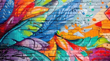 Obraz premium Artistic Graffiti: Vivid street art explodes with a kaleidoscope of colors, transforming a brick wall into a dynamic canvas of urban expression.