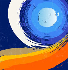 abstract background illustration, with circles and waves, paint strokes and splashes, design template, on blue
