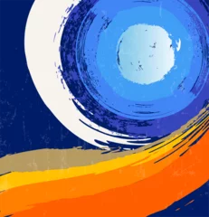 Gordijnen abstract background illustration, with circles and waves, paint strokes and splashes, design template, on blue © Kirsten Hinte