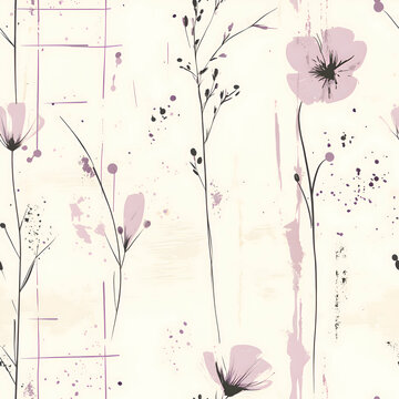 Seamless pattern with simle flowers and  geometric symmetry, stripe order, and aligned dot compositions on beige background