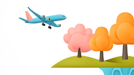 colorful airplane flies over vibrant landscape with stylized trees and gentle hill, creating cheerful atmosphere
