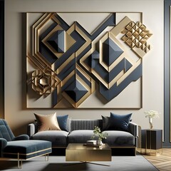 A luxurious and modern 3D geometric design for the wall, using a combination of gold metal and matte blue materials to create depth and elegance in the living room.