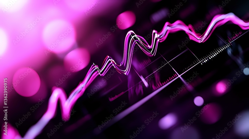 Poster glowing pink financial chart line graph with bokeh light effects on dark background showing market d