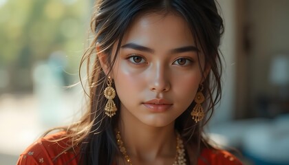 Obraz premium Woman Portrait with Brown Hair and Golden Jewelry Outdoor