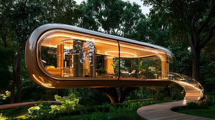 A unique and modern treehouse, nestled amongst lush greenery, with a sleek, futuristic design that complements the natural surroundings. The warm, inviting interior is visible.