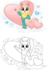 Cute Cat with Hearts. Cartoon Illustration and Coloring Page