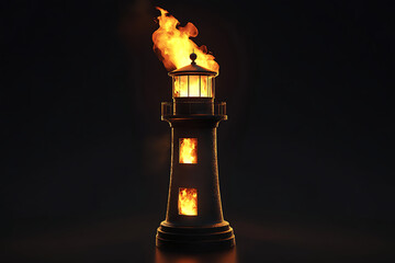 A lighthouse illuminated by flames at night, symbolizing guidance amidst darkness