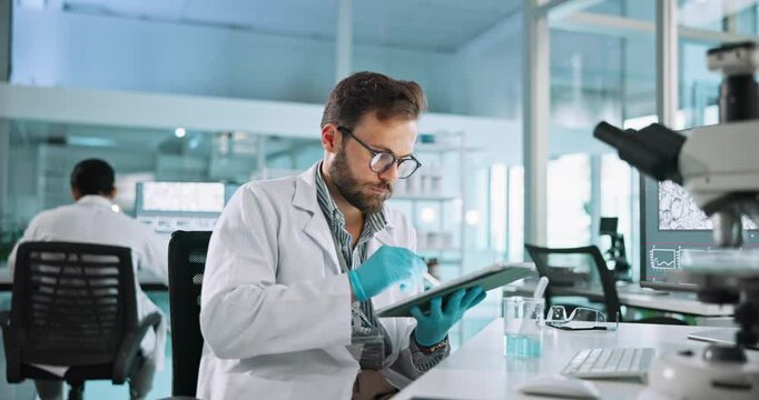 Tablet, medical and man with research for science, pharma test and virus analysis. Pen, technology and scientist in laboratory for medicine development, data and chemistry for healthcare innovation