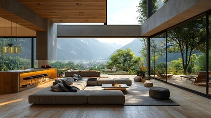 Luxurious open-plan living space, showcasing modern architectural design with floor-to-ceiling windows that frame breathtaking mountain vistas, offers a serene and comfortable retreat.