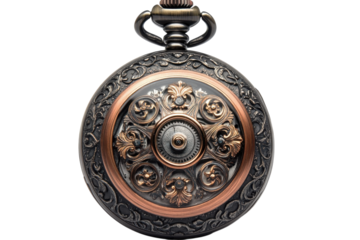 An heirloom pocket watch whispers tales of time with intricate floral engravings and radiant brass accents against stark black background lighting.