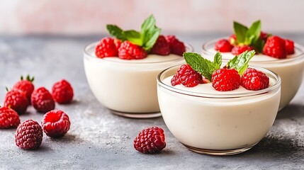 Three Panna Cotta Desserts Garnished With Fresh Raspberries And Mint
