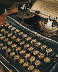 A close-up of an old-fashioned typewriter with a partially typed letter, warm lighting, nostalgic vibe --ar 4:5 --v 6 Job ID: d018caf3-68e3-42ea-a2b9-1d5f633dcb00