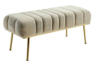 Channel-tufted upholstered bench with plush velvet fabric in light beige, featuring sleek gold metal legs. Modern luxurious furniture piece for living room or bedroom.