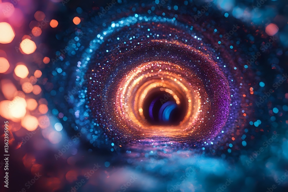 Poster glowing spiral tunnel with orange and blue bokeh lights creating magical portal effect, abstract bac