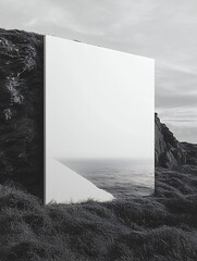 Coastal cliff mirror reflection, serene ocean view, minimalist design, website banner