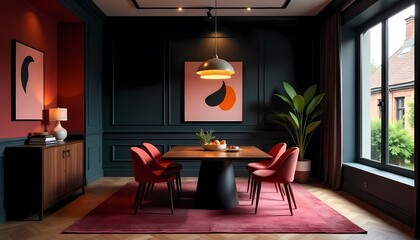 Modern living room with fireplace and wooden furniture